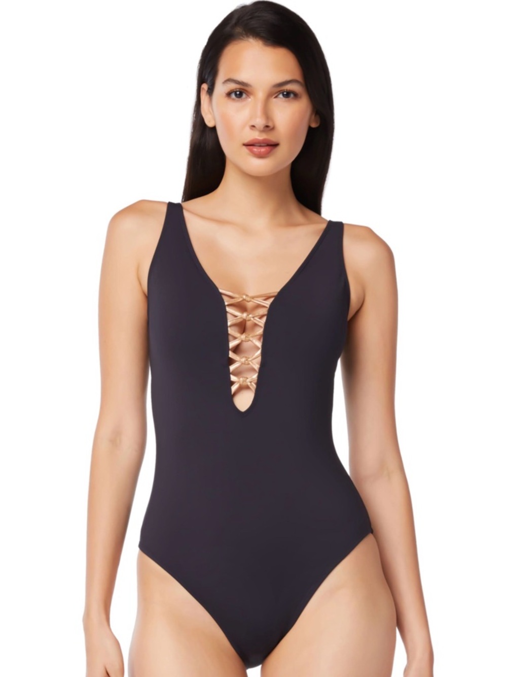 Bleu Rod Beattie Black One-Piece with Gold Lace-Up Front